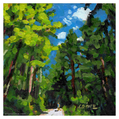 Hiker in the woods oil painting on panel