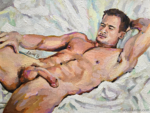 Reclining man on white sheets by Arturo Laime